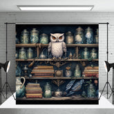Aperturee - Aperturee Owl in Apothecary Photography Backdrop Magical Wizard Shelf with Jars Fantasy Themed Photo Shoots